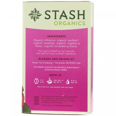 Organic herbal tea, berry, caffeine-free, Stash Tea, 18 tea bags, 1.2 ounces (36 g).
