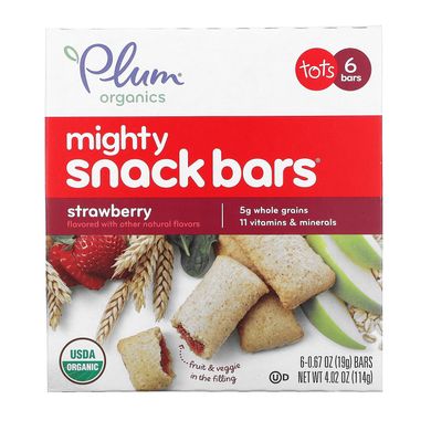 Батончики Mighty Snack Bars, полуниця, Plum Organics, 6 батончиків, 0,67 унцій (19 г) кожен