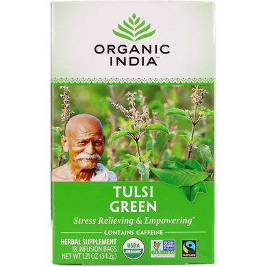Чай Tulsi Священний базалік, Зелений чай, Organic India, 18 пакетиків для настоювання, 121 унцій (322 г)