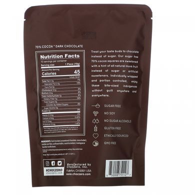 70% какао квадрати темного шоколаду, без цукру, 70% Cocoa Dark Chocolate Squares, Sugar Free, ChocZero, 10 штук по 3,5 унції кожна