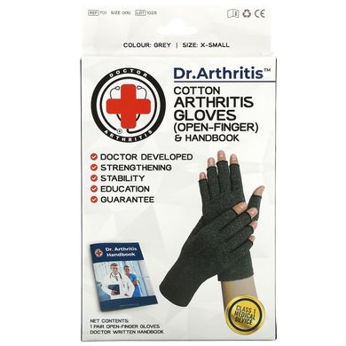 Doctor Arthritis, Бавовняні рукавички та посібник для лікування артриту з відкритими пальцями, X-Small, сірі, 1 пара