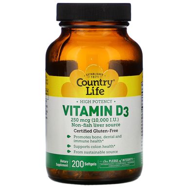 Вітамін D3 Country Life (Vitamin D3) 10000 МО 200 капсул