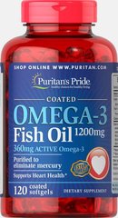 Омега-3 рыбий жир с покрытием, Omega-3 Fish Oil Coated(Active Omega-3), Puritan's Pride, 1200 мгг, 120 капсул купить в Киеве и Украине