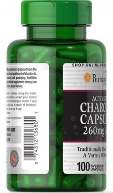 Wood Charcoal (Activated), Charcoal (Activated), Puritans Pride, 260 mg, 100 capsules