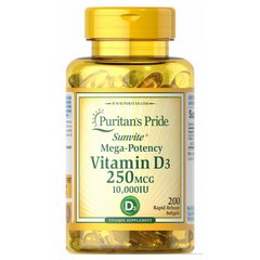 Вітамін Д3, Vitamin D3, Puritan's Pride, 250 мкг, 10000 МО, 200 капсул