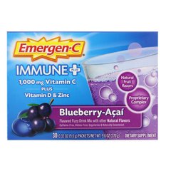Вітамін C плюс вітамін Д і цинк, чорниця-асаї, Immune +, Vitamin C Plus Vitamin D & Zinc, Blueberry-Acai, Emergen-C, 1000 мг, 30 пакетів по 9,0 г (0,32 унції) кожен