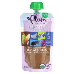 Plum Organics, Mighty Protein & Fiber, Tots, груша, белая фасоль, черника, финик и чиа, 4 унции (113 г) купить в Киеве и Украине