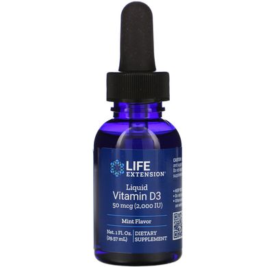 Рідкий вітамін Д3, Liquid Vitamin D3, м'ятний смак, Life Extension, 2000 МО, 29,6 мл