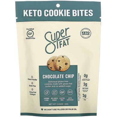 Кето-печиво, шоколадна стружка, Keto Cookie Bites, Chocolate Chip, SuperFat, 3 упаковки по 2,25 унції (64 г) кожна
