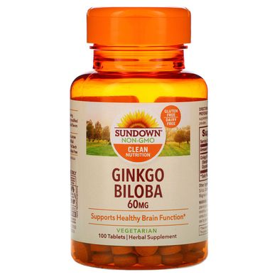 Стандартизований екстракт листя гінкго білоба, Sundown Naturals, 60 мг, 100 таблеток