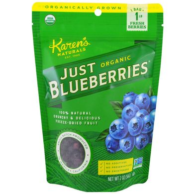 Органічна чорниця, Organic Just Blueberries, висушені сублімацією фрукти, Karen's Naturals, 2 унції (56 г)