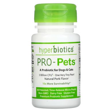 Hyperbiotics, Pro-Pet, пробіотики для собак і кішок, натуральна свинина, 3 мільярди КУО, запатентовано 60, мікро-перли з уповільненим вивільненням
