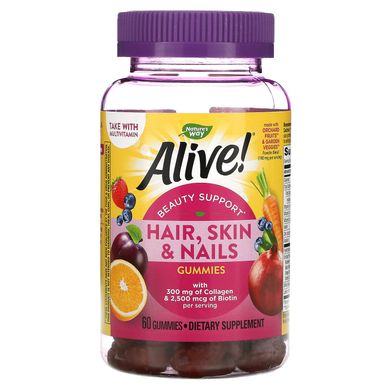 Вітаміни для волосся, шкіри і нігтів з колагеном Nature's Way (Alive Skin, Nails, Hair with Collagen) зі смаком полуниці 60 жувальних таблеток