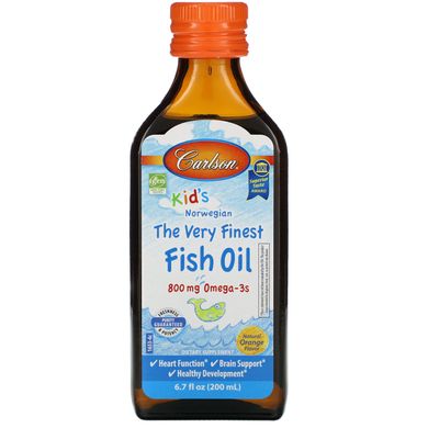 Для дітей, риб'ячий жир найвища якість, натуральний апельсиновий смак, Kid's The Very Finest Norwegian Fish Oil, Carlson Labs, 6,7 р унц (200 мл)