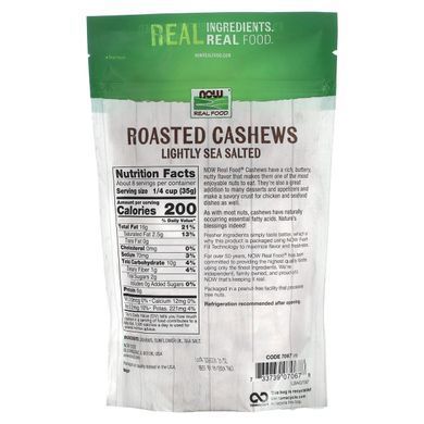 NOW Foods, Real Food, горіхи кеш&rsquo;ю, смажені з легким морським підсолом, 284 г (10 унцій)