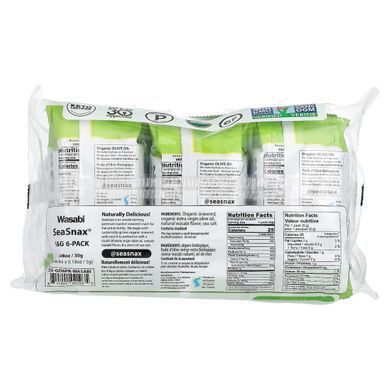 SeaSnax, органічні морські водорості, васабі, 6 упаковок по 5 г (0,18 унції).