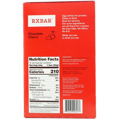 Протеїновий батончик, шоколад і вишня, RXBAR, 12 батончиків, 52 г кожен