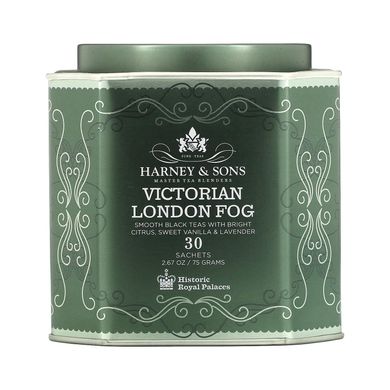 Harney & Sons, Victorian London Fog, Гладкий чорний чай з яскравими цитрусовими, солодкою ваніллю та лавандою, 30 пакетиків, 2,67 унції (75 г)