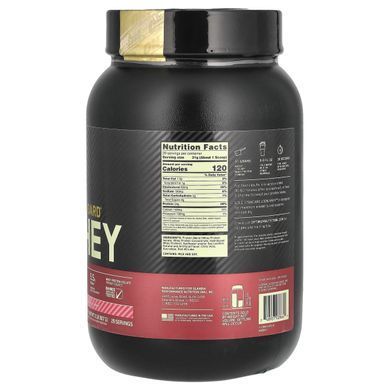 Whey protein isolate Optimum Nutrition (100% Whey Gold Standard) 909 g with strawberry flavor.