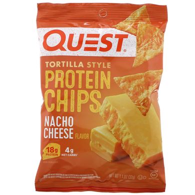 Протеїнові чіпси в стилі тортильї, сир начо, Tortilla Style Protein Chips, Nacho Cheese, Quest Nutrition, 12 пакетиків по 1,1 унції (32 г) кожен