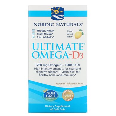 Риб'ячий жир омега-Д3 Nordic Naturals (Ultimate Omega-D3) 60 капсул зі смаком лимона
