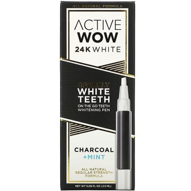 Блискуча ручка для відбілювання зубів, вугілля + м'ята, 24K White, Sparkly Teeth Whitening Pen, Charcoal + Mint, Active Wow, 2.5 мл
