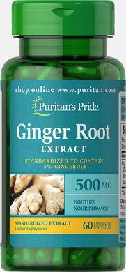 Корень имбиря стандартизованый екстракт, Ginger Root Standardized Extract, Puritan's Pride, 500мг, 60 капсул купить в Киеве и Украине