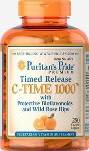 Витамин C с биофлавоноидами и шипшиною уповильненого высвобождения Puritan's Pride (Vitamin C with Rose Hips Timed Release) 1000 мг 250 таблеток купить в Киеве и Украине