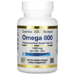 Омега 800 рыбий жир California Gold Nutrition (Omega 800 Fish Oil 80% EPA/DHA) 1000 мг 30 мягких капсул купить в Киеве и Украине
