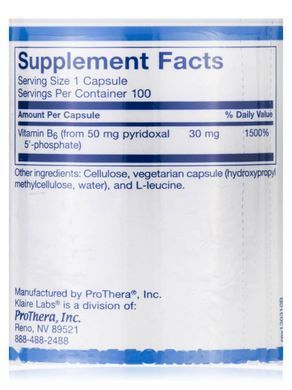 P-5-P Vitamin B6 Pyridoxine Klaire Labs (P-5-P Pyridoxal 5-Phosphate) 50 mg 100 vegetarian capsules
