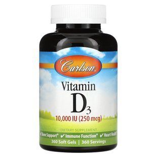 Вітамін Д3, Vitamin D3, Carlson Labs, 10000 МО (250 мкг), 360 м'яких гелевих капсул