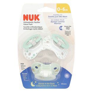 NUK, Glow in the Dark Orthodontic Pacifier, 0-6 Months, Green, 3 Pack купить в Киеве и Украине