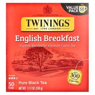 Twinings, чорний чай, англійський сніданок, 50 чайних пакетиків, 100 г (3,53 унції)