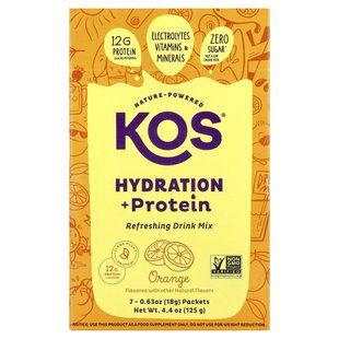 KOS, Hydration + Protein, Refreshing Drink Mix, Orange , 7 Packets, 0.65 oz (18 g) Each