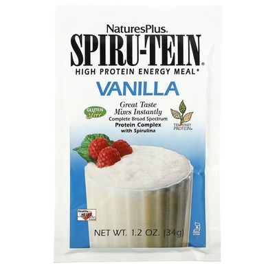 Nature's Plus, Spiru-Tein, енергетична добавка з високим вмістом протеїну, зі смаком ванілі, 8 пакетів по 34 г (1,2 унції)