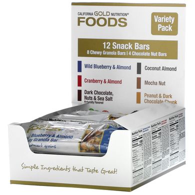 Різноманітні закусочні батончики California Gold Nutrition (Foods Sample Snack Bar) 12 батончиків по 40 г
