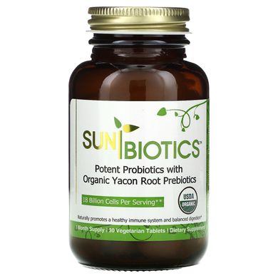 Sunbiotics, Потужні пробіотики з органічними пребіотиками кореня якону, 30 вегетаріанських таблеток