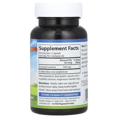 Ацетилцистеїн Carlson Labs (N-Acetil Cysteine) 500 мг 60 капcул