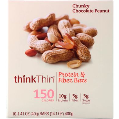 Батончик з протеїном і клітковиною, шоколад і арахіс, ThinkThin, 10 батончиків, 1,41 унц (40 г) кожен