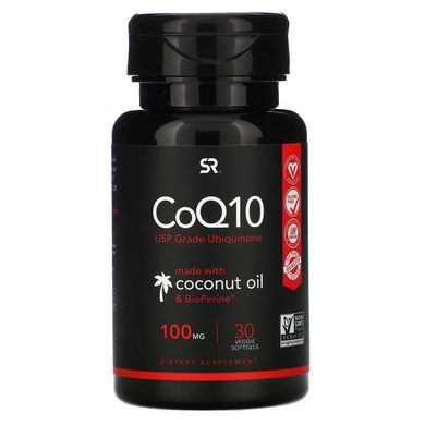 Коензим Q10 з BioPerine і кокосовою олією, Sports Research, 100 мг, 30 рослинних м'яких таблеток