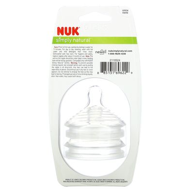 Соски для пляшечок з повільним потоком, 0 + місяців, Simply Natural, Slow Flow Bottle Nipples, 0 + Months, NUK, 2 соски