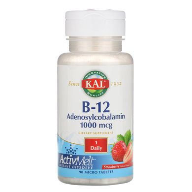 B-12 Аденозилкобаламін, полуниця, B-12 Adenosylcobalamin ActivMelt, KAL, 1000 мкг, 90 мікротаблеток
