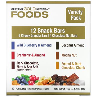 Різноманітні закусочні батончики California Gold Nutrition (Foods Sample Snack Bar) 12 батончиків по 40 г