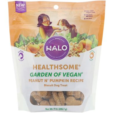 Гарбузове печиво для собак, Healthsome, Garden of Vegan, Peanut N 'Pumpkin Recipe, Biscuit Dog Treat, Halo, 226,7 г