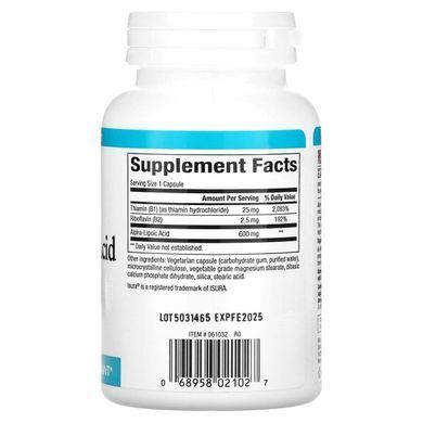 Alpha-Lipoic Acid with Vitamins B1 and B2, 600 mg, Alpha-Lipoic Acid with B1 & B2, Natural Factors, 60 Vegetarian Capsules