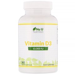 Вітамін Д3, Vitamin D3, Nu U Nutrition, 10000 МО, 365 м'яких капсул
