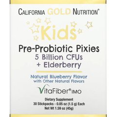 Детские пребиотики и пробиотики со вкусом бузины и черники California Gold Nutrition (Kids Pre-Probiotic Pixies 5 Billion CFUs + Elderberry Natural Blueberry Flavor) 30 пакетиков по 1,5 г купить в Киеве и Украине