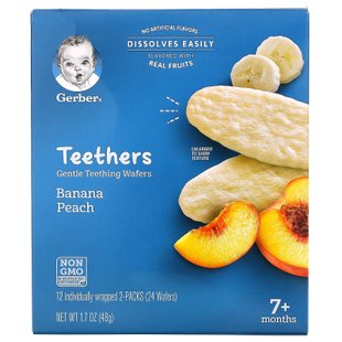 Нежные зубные вафли, 7+ месяцев, банановый персик, Gentle Teething Wafers, 7+ Months, Banana Peach, Gerber, 24 вафли, 1,7 унции (48 г) купить в Киеве и Украине