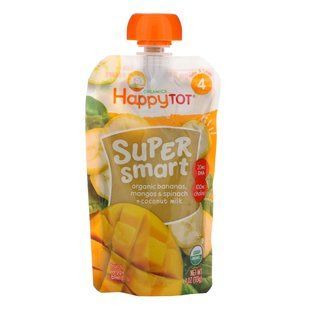 Happy Tot, Super Smart, Фруктово-овощное пюре, Уровень 4, Органические бананы, манго, шпинат и кокосовое молоко, Happy Family Organics, 113 г (4 oz) купить в Киеве и Украине