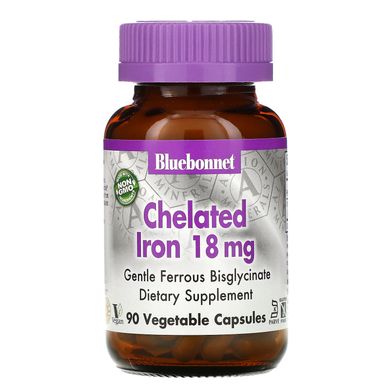 Хелатоване залізо, Bluebonnet Nutrition, 18 мг, 90 капсул в рослинній оболонці
